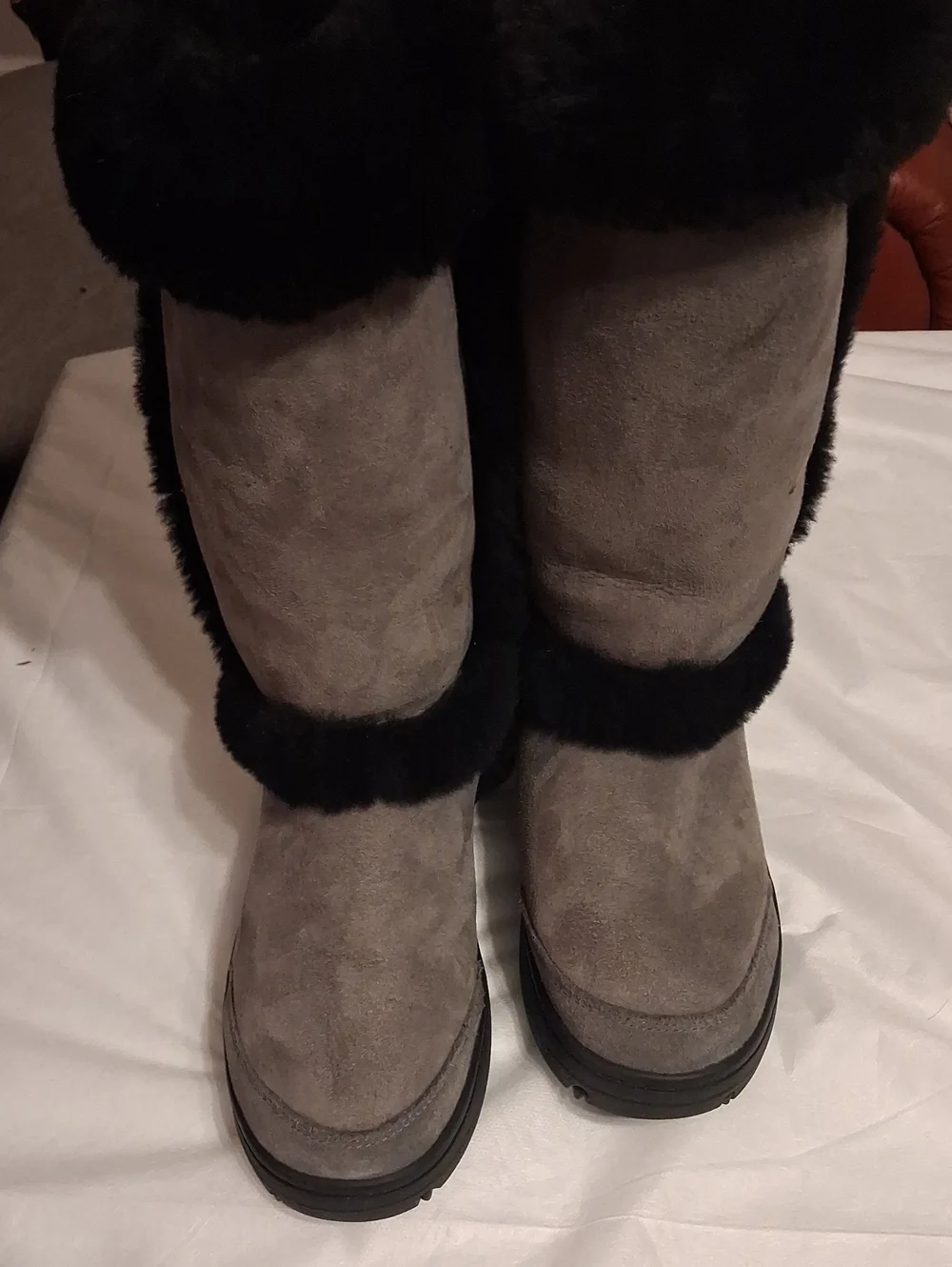 UGGS Gray Suede Tall Winter Boots with Black Fur Trim